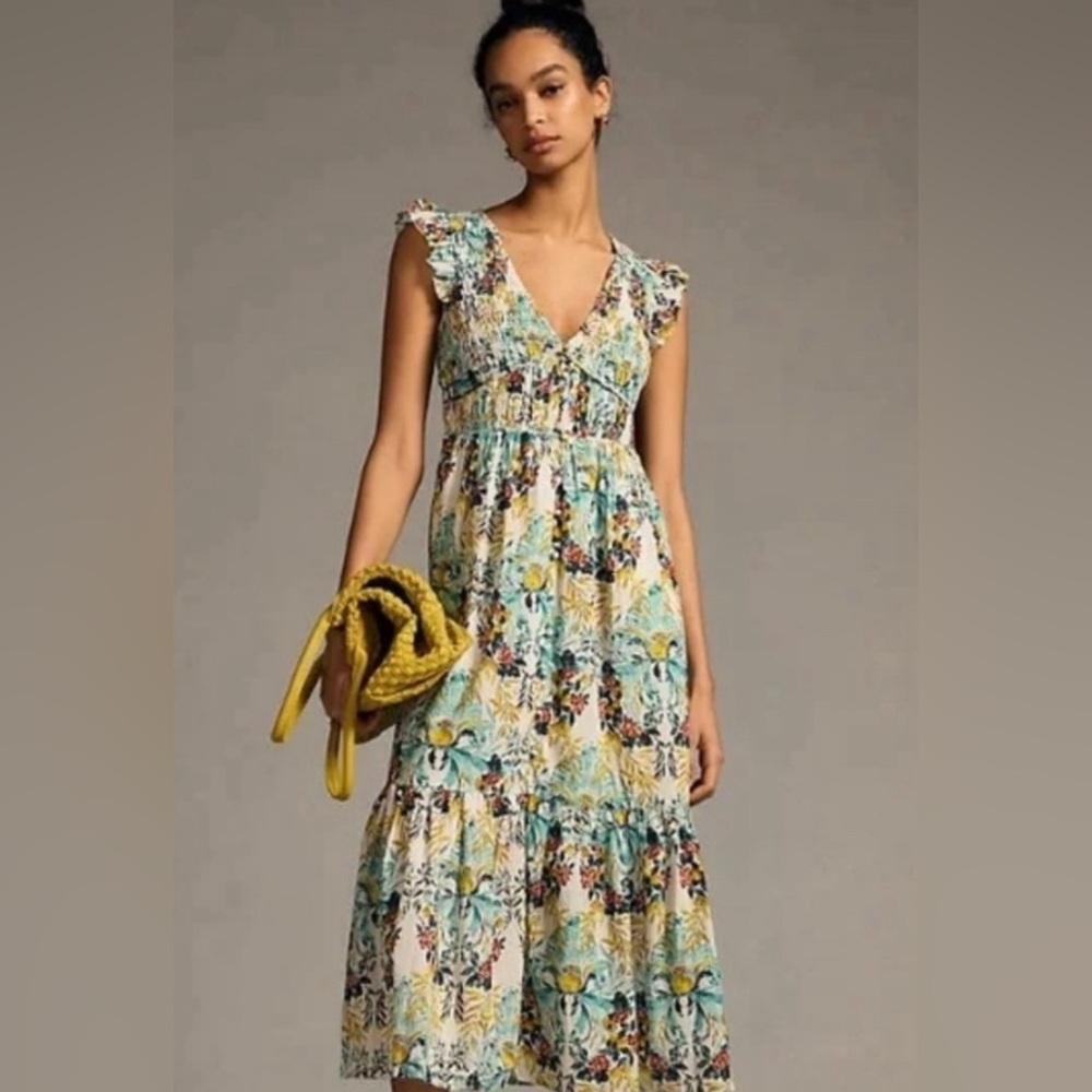 Anthropologie Floral Midi Dress in Yellow, Teal, Cream
